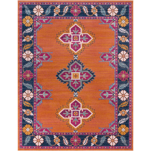 7.8' x 10.25' Transitional Style Burnt Orange and Navy Blue Rectangular