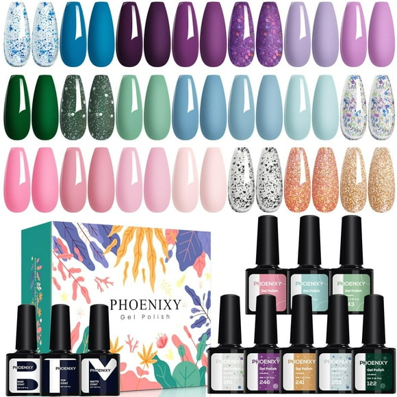 Set de esmaltes de uñas en gel Phoenixy, 24 unidades, colores azules con capa base
