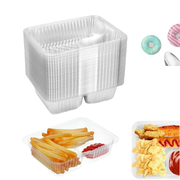 Disposable Snack Trays,2 Compartments Clear Plastic Nacho Containers with Dip Holder for Concession Stands Movie Night Carnival,100pcs