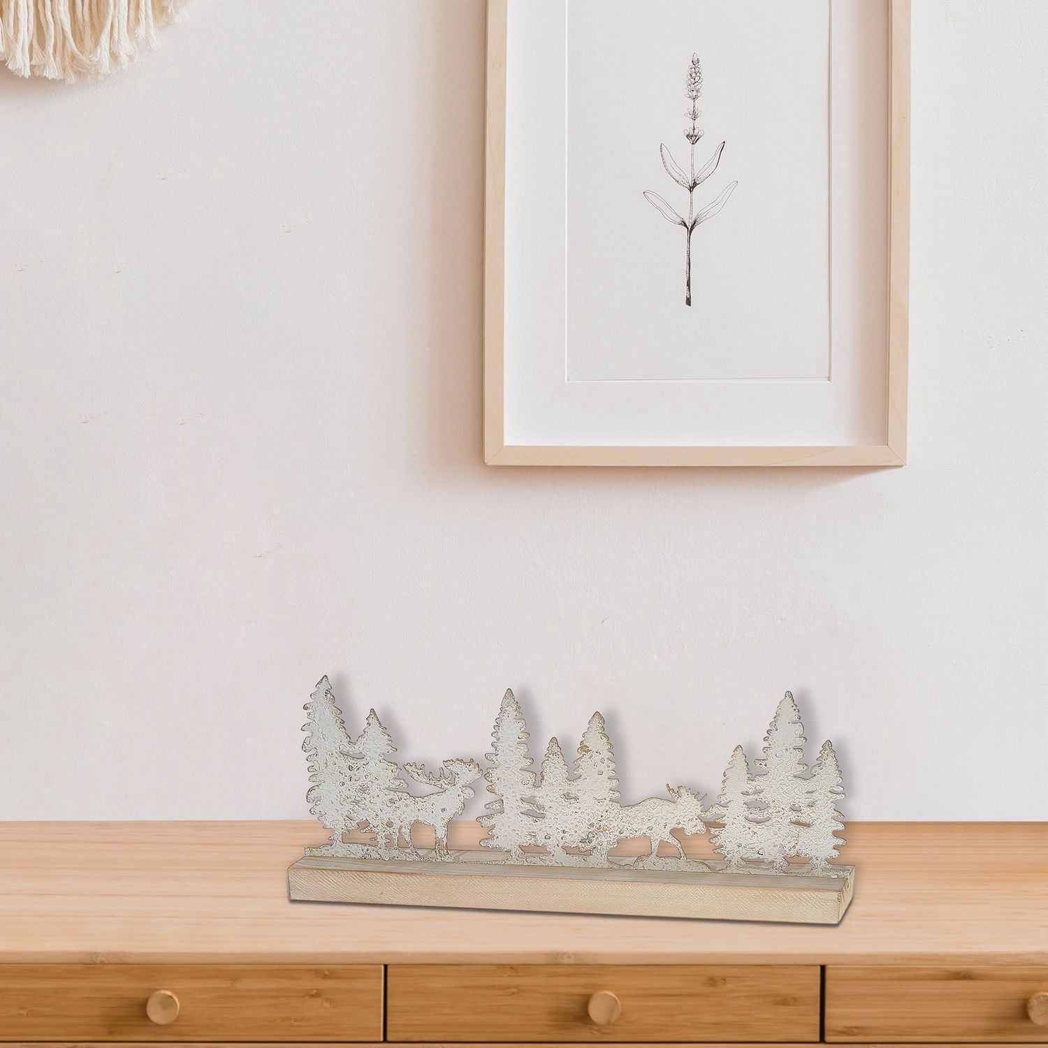 White Forest and Moose Table Top Decor With Wood Base