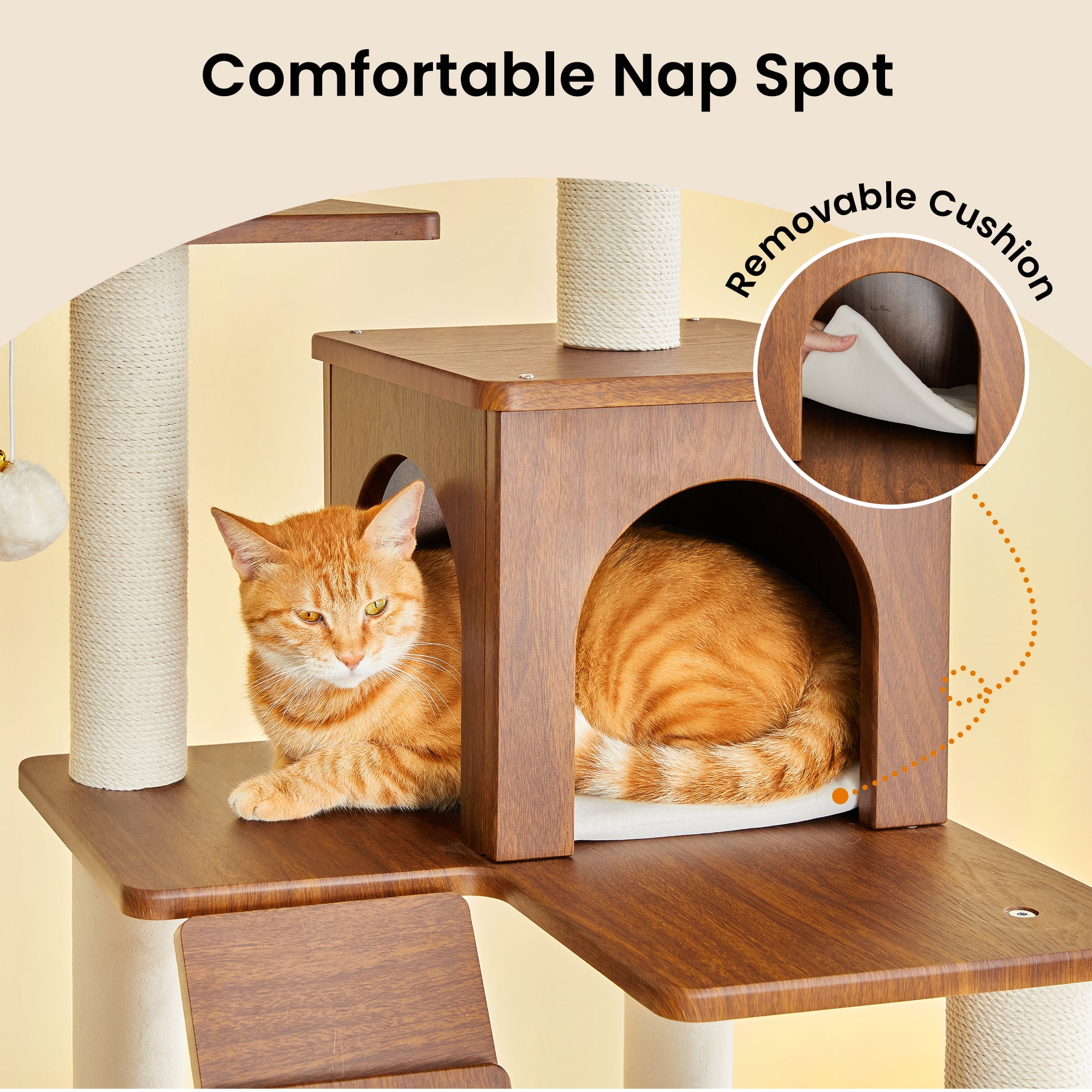 MWPO Modern Cat Tree - 64 inch Cat Tower for Indoor Cats, Multi-Level Cat Condo with 7 Fully Wrapped Scratching Posts, 2 Perches, Hammock, Removable Pad & Dangling Balls-Walnut Brown