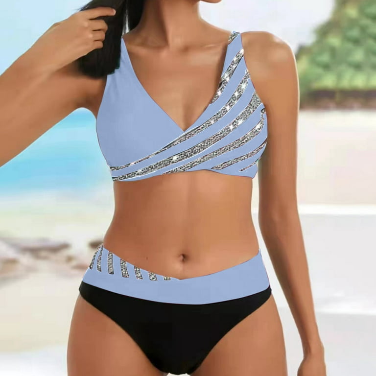 Susanny Bikini Sets for Women Swim Top with Built in Bra Two Piece Swimsuit  Sexy Push Up Bikini Vintage Beach Hawaii Swimwear Blue L