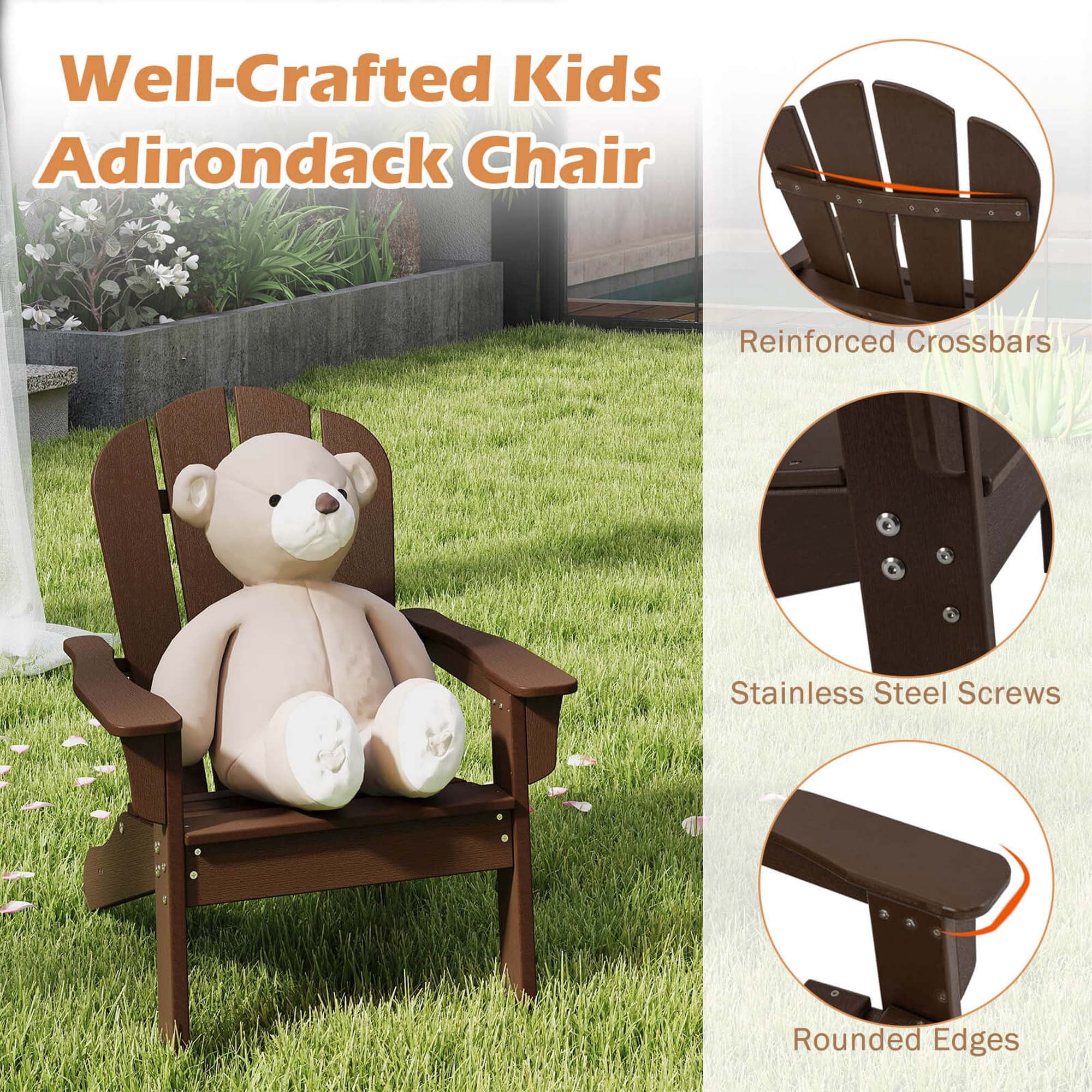 Costway Kids Adirondack Chair with High Backrest Armrests Fire Pit Chair for Kids Ages 3-8 Brown