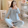 thumbnail image 1 of Pijama de primavera y otoño para mujer, cuello descubierto, manga larga, lazo, color sólido, dulce y lindo, traje para usar en casa, 1 of 6