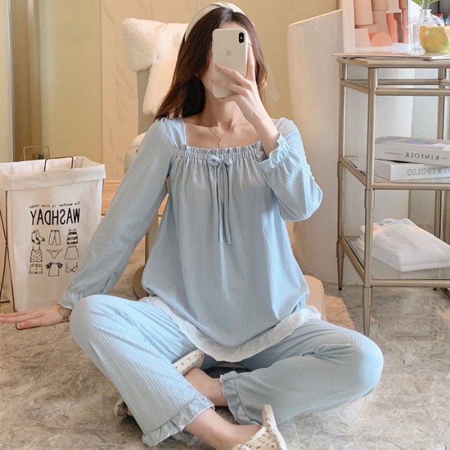 Pijama de primavera y otoño para mujer, cuello descubierto, manga larga, lazo, color sólido, dulce y lindo, traje para usar en casa