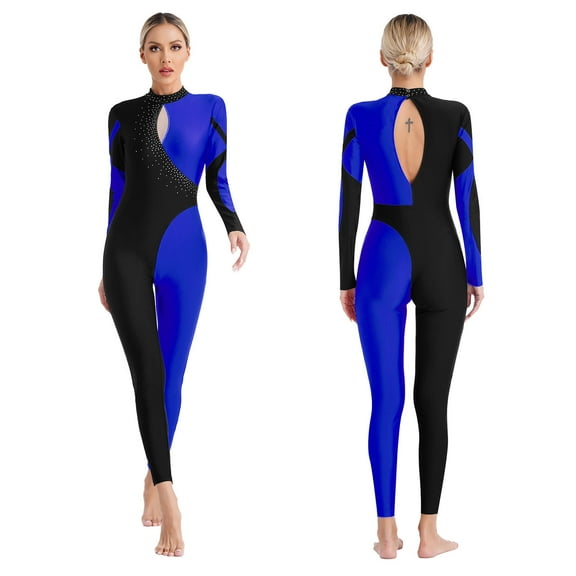 Aiihoo Women Long Sleeve Shiny Rhinestone Gymnastics Leotard Full Length Figure Skating Jumpsuit Bodysuit Catsuit Blue M