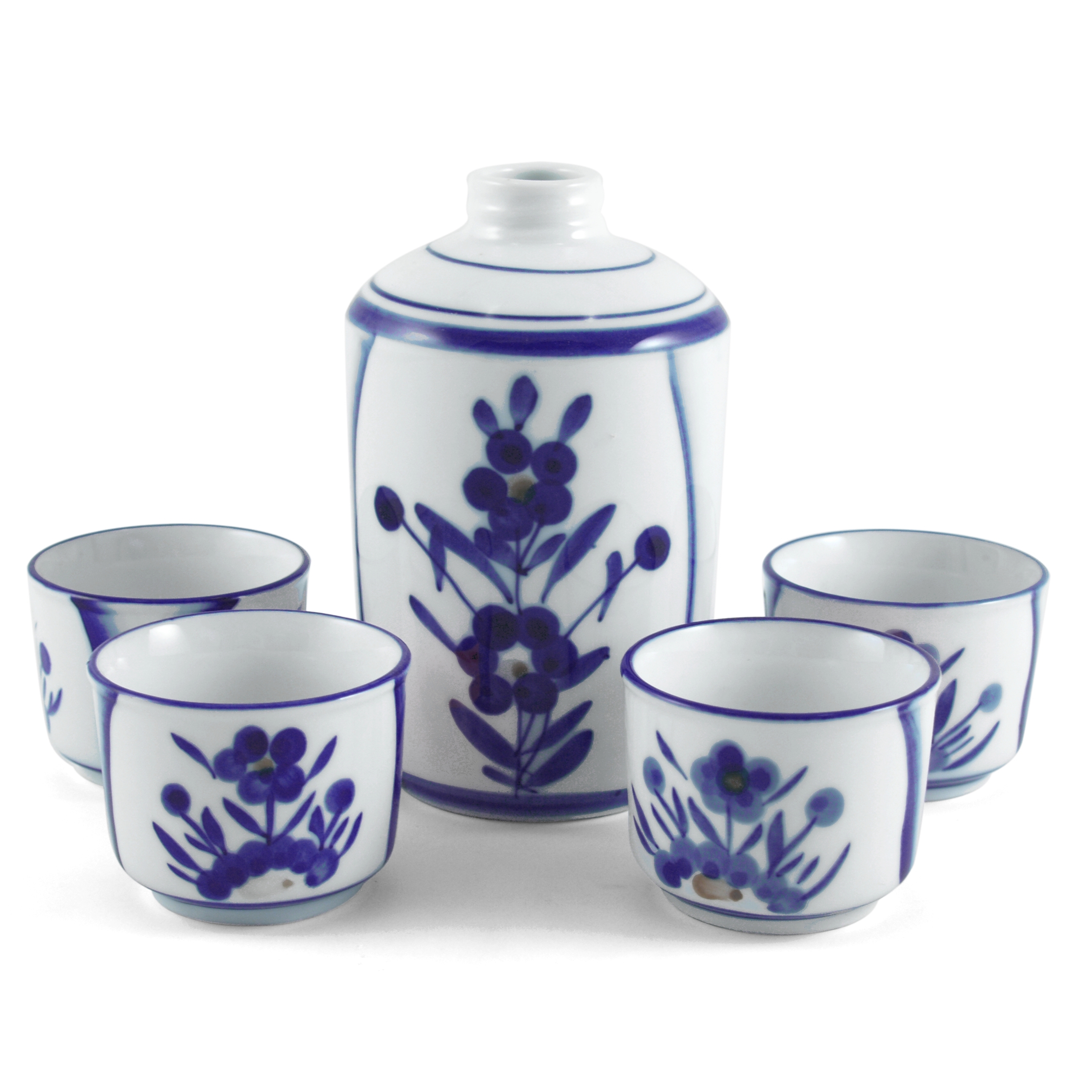 Blue Floral Sake Carafe and Cup 5 Piece Set