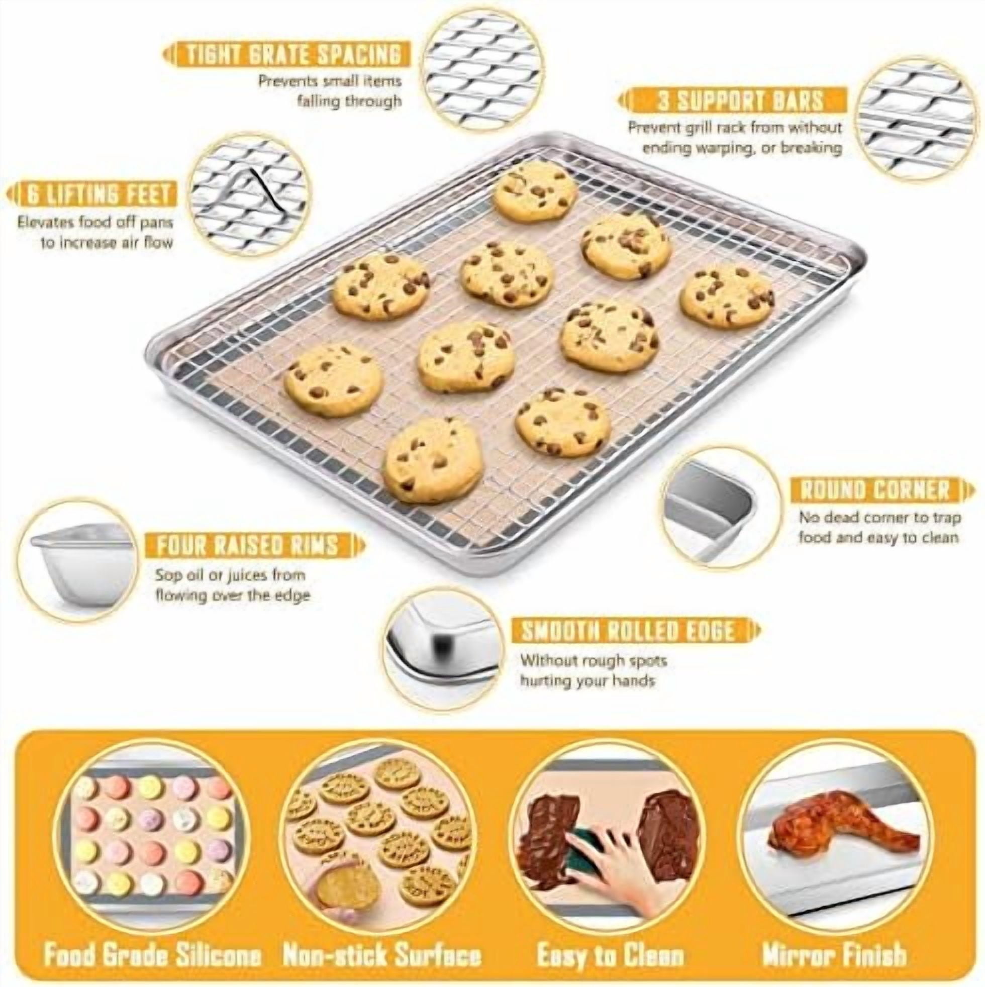 Toaster Oven Baking Sheet Set,  10.5”x8.3” Small Stainless Steel Cookie Sheet Pan with Wire Rack & Silicone Mat for Cooking Broiling, Rimmed Metal Tray Roasting Cooling Bacon Steak