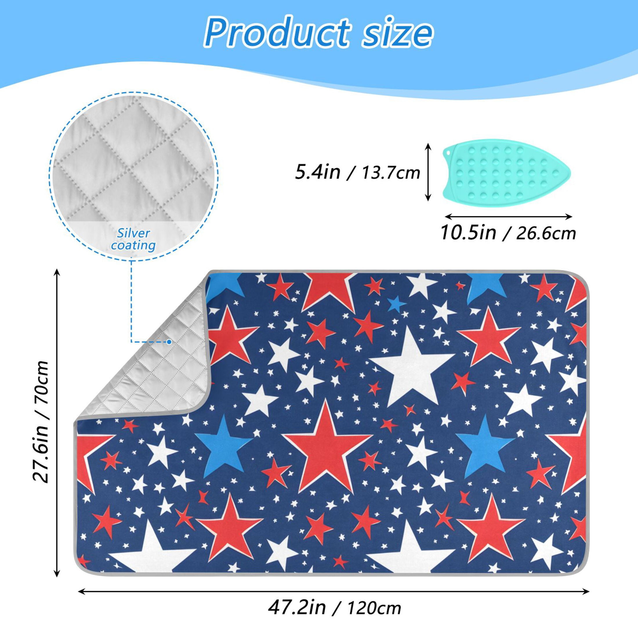 Red Blue and White Colored Stars Ironing Mat Blanket Portable Travel Ironing Pad Heat Resistant Pad 47.2" x 27.6”