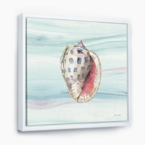 Designart ' Gilded Sea Horn Shell on Blue ' Nautical & Coastal Framed Canvas