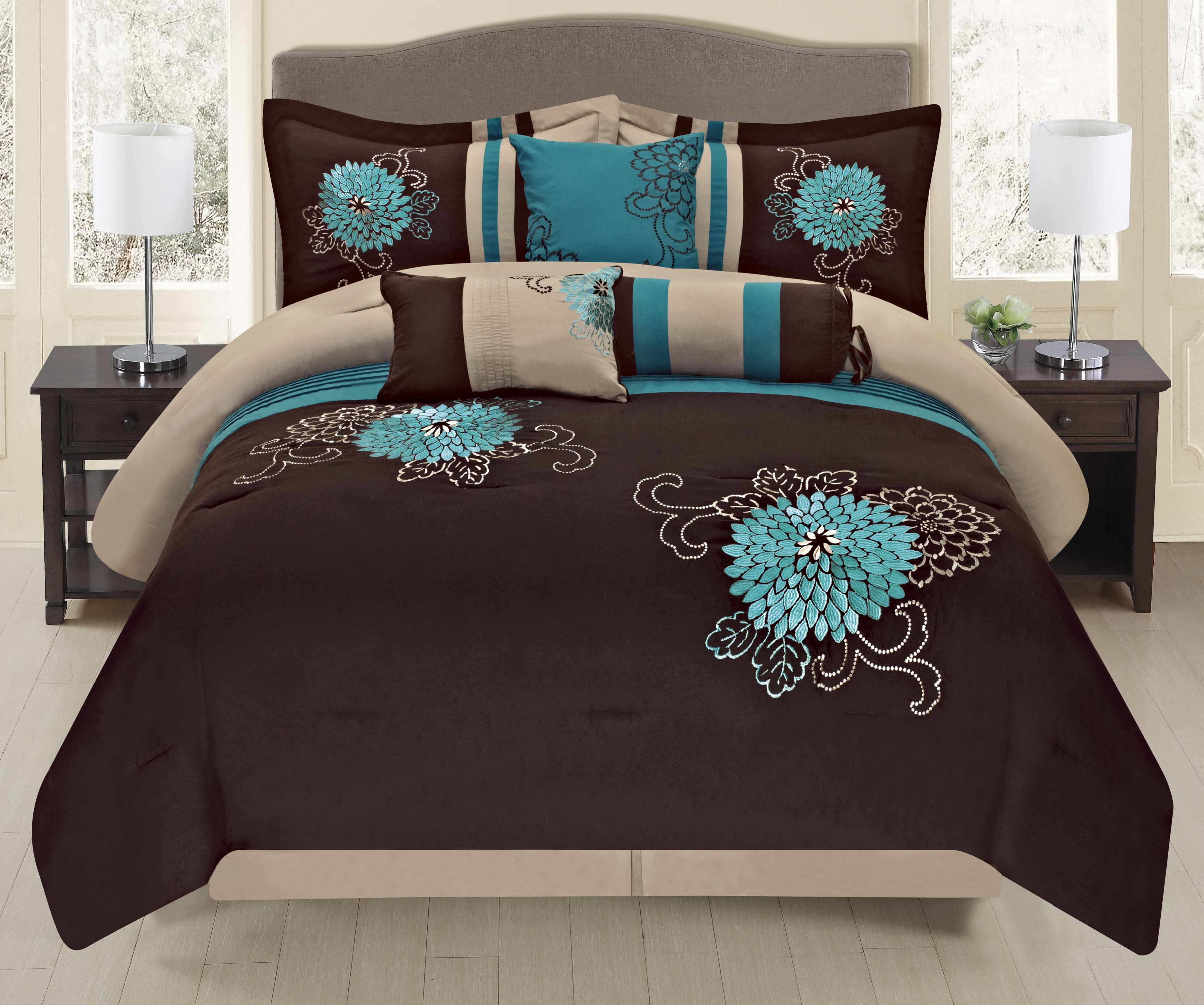 New Elegant Teal Grey Black Floral Embroidered 7pcs Cal King Queen Comforter Set 