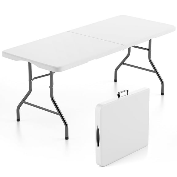 Furnibear Folding Table 6ft Portable Rectangular Indoor Outdoor Table, Fold in Half with Carry Handle, White