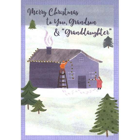 Designer Greetings Couple Hanging Lights on Purple House Christmas Card for Grandson and Wife