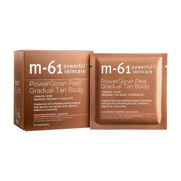 M-61 PowerGlow Peel Gradual Tan Body - Toallita corporal exfoliante y bronceadora gradual con ácido glicólico y salicílico, vitamina K, arándano y manzanilla.