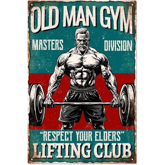 1pc Vintage Old Man Gym Metal Tin Sign Weightlifting Signs Respect Your Elders Retro Tin Sign Hanging Decor for Gym Home Decor Funny Living Club Wall Plaque Decor for Man Cave 11.81x7.87 Inch