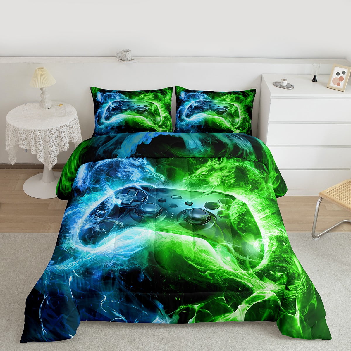 Feelyou Cartoon Game Console 01, Green Blue Twin Comforter Sets, Video Game Lover Reversible Bedding Set, Lightweight Room Decor,2 Pieces