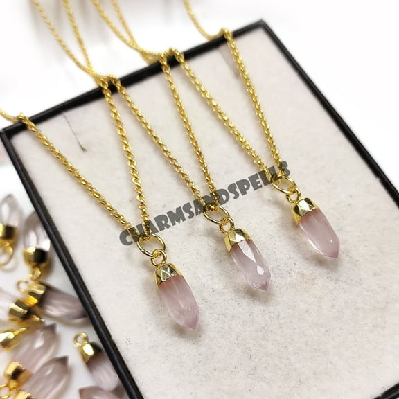Rose Quartz Pencil Necklace, Crystal Point Pendant, Healing Crystal, 14K Gold Plated Necklace, Crystal Pencil Point Pendant, Gift For Her