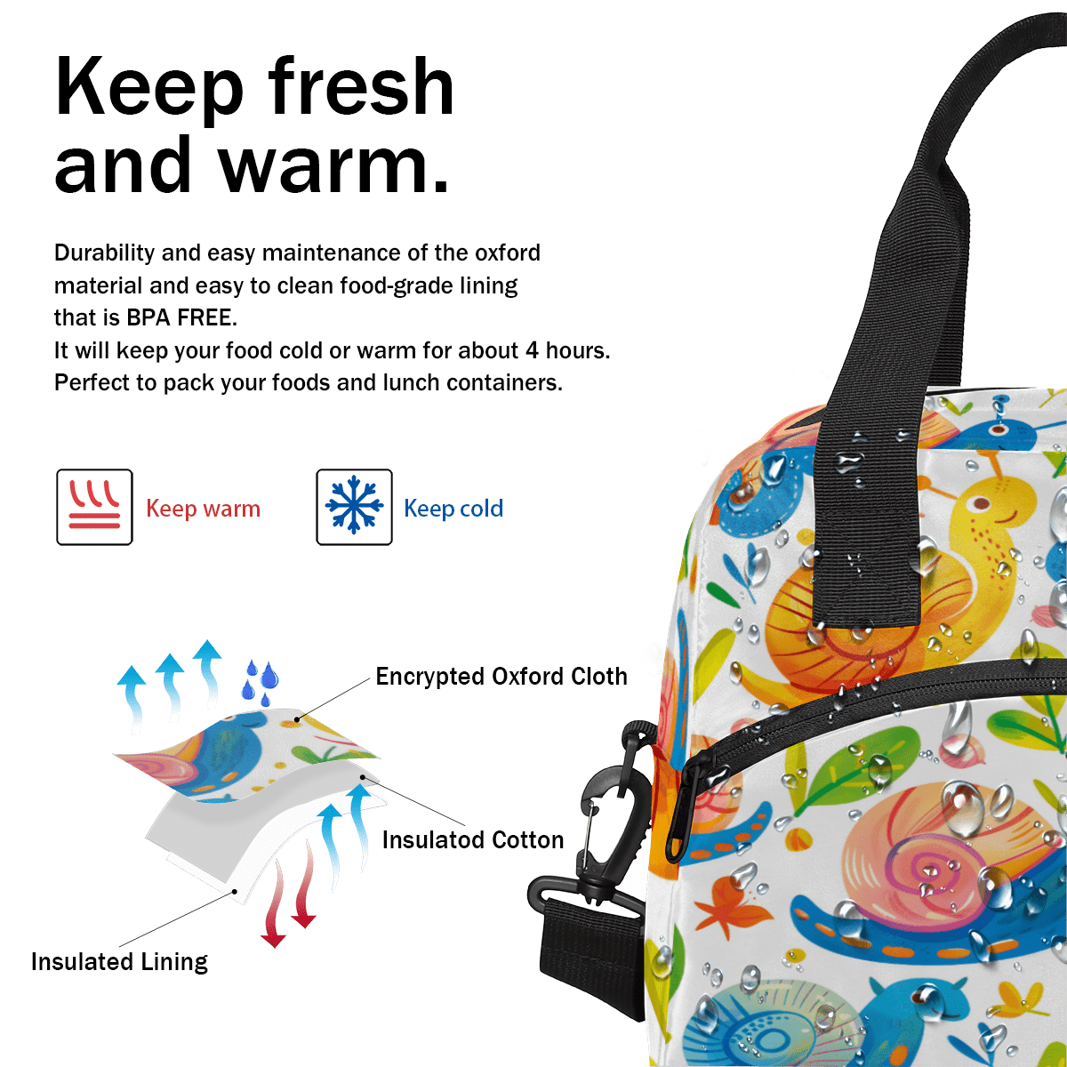 Herdesigns Snails Insulated Lunch Bag for Women Men Adults Large Reusable Lunch Box Cute Snails Leakproof Cooler Tote Bags with Adjustable Shoulder Strap
