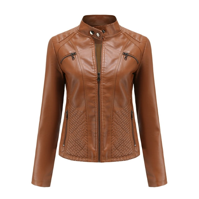 Women Bomber Motorcycle Jacket Long Sleeve Stand Collar Slim Fit Outerwear Coat Note Please Buy One Or Two Sizes Larger