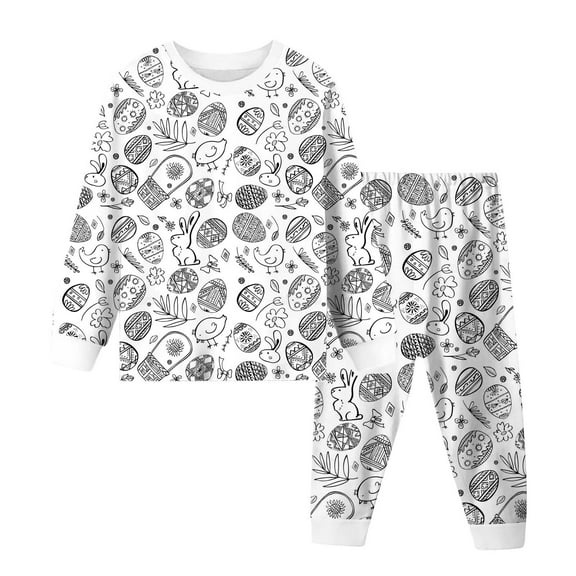 HOWPAY Easter Toddler Boy Outfits Bunny Graphic Crew Neck Long Sleeve Tops and Elastic Jogger Pants Pj Sets Comfy Causal 2 Piece Sleepwear White