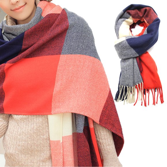 Bodychum Womens Warm Long Plaid Blanket Shawl Wrap Chunky Oversized Plaid Scarf for Winter Red
