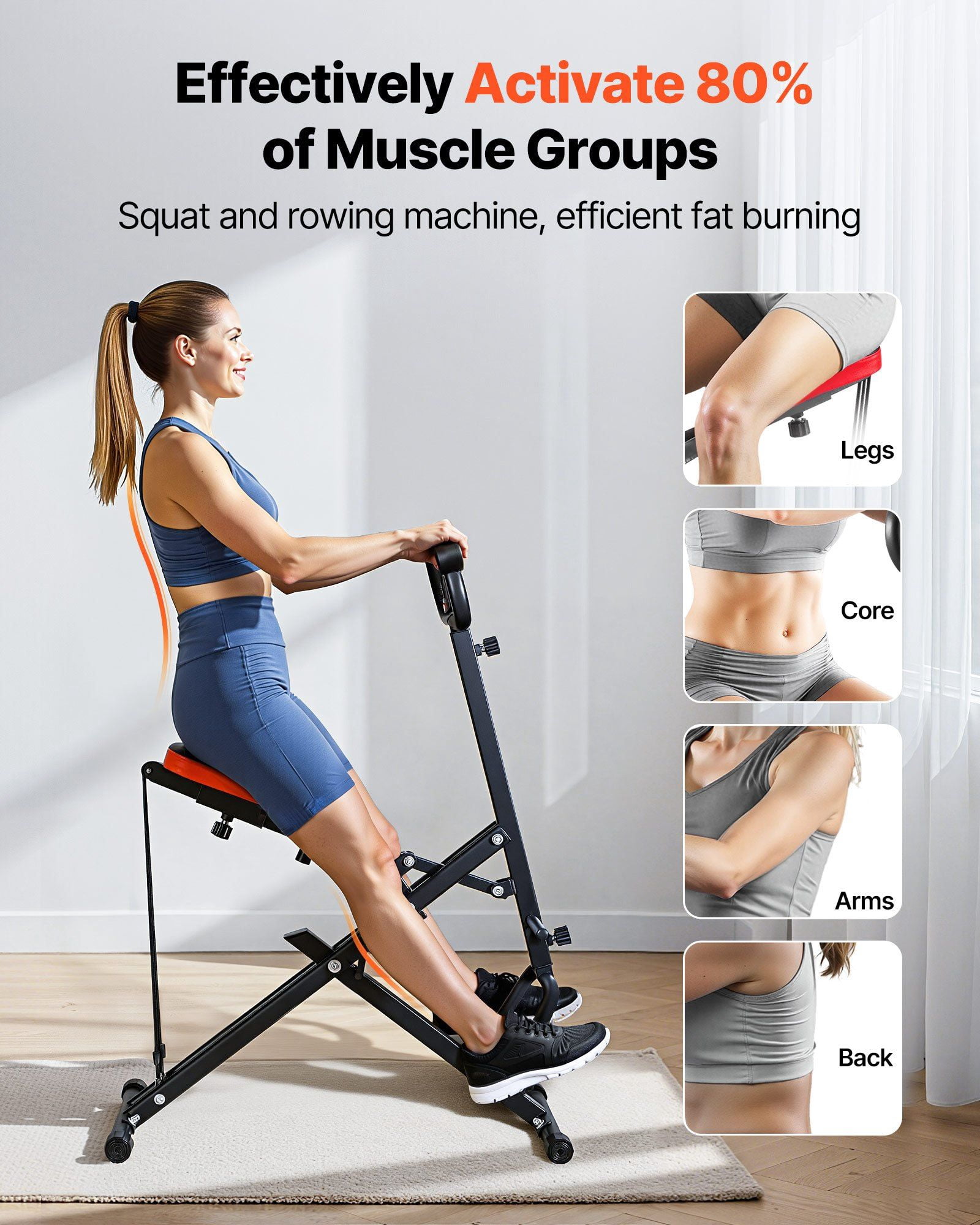 Foldable Squat Machine for Home Workout,Deep Squat Rowing Equipment with 3 Resistance Bands,Glute Trainer for Legs and Glutes,Easy Setup,Black