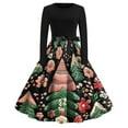 thumbnail image 2 of Christmas Dresses for Women Women's Christmas Printed Round Neck Big Hem Skirt Pleated Skirt Long Sleeved Dress with Christmas Tree and Snow House Print for Holiday Party,Army Green,L, 2 of 4