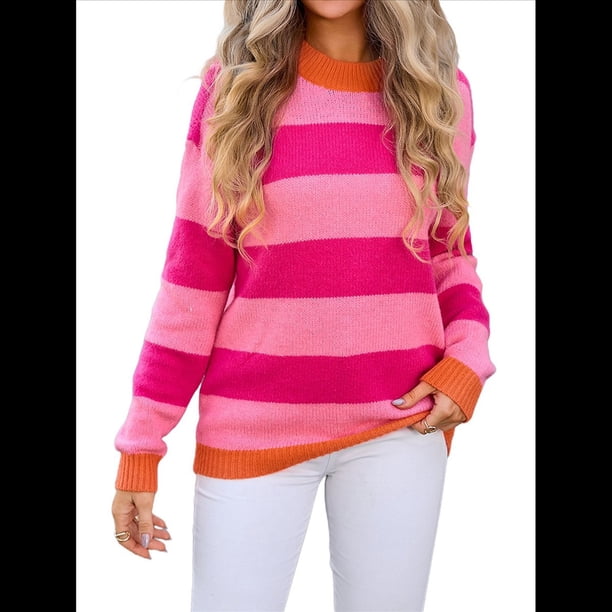 Suéter A Rayas para Mujer, Sudadera de Larga con Cuello Redondo y Bloques de Color, Estilo Preppy Y2K. Rosa Roja XL