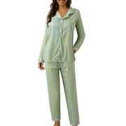 GDREDA Women's Pyjamas Women Casual Lapel Button Peach Plaid Print Two Piece Long Sleeve Pajamas Pajamas Suit Women Pajama Sets pyjamas M,XL