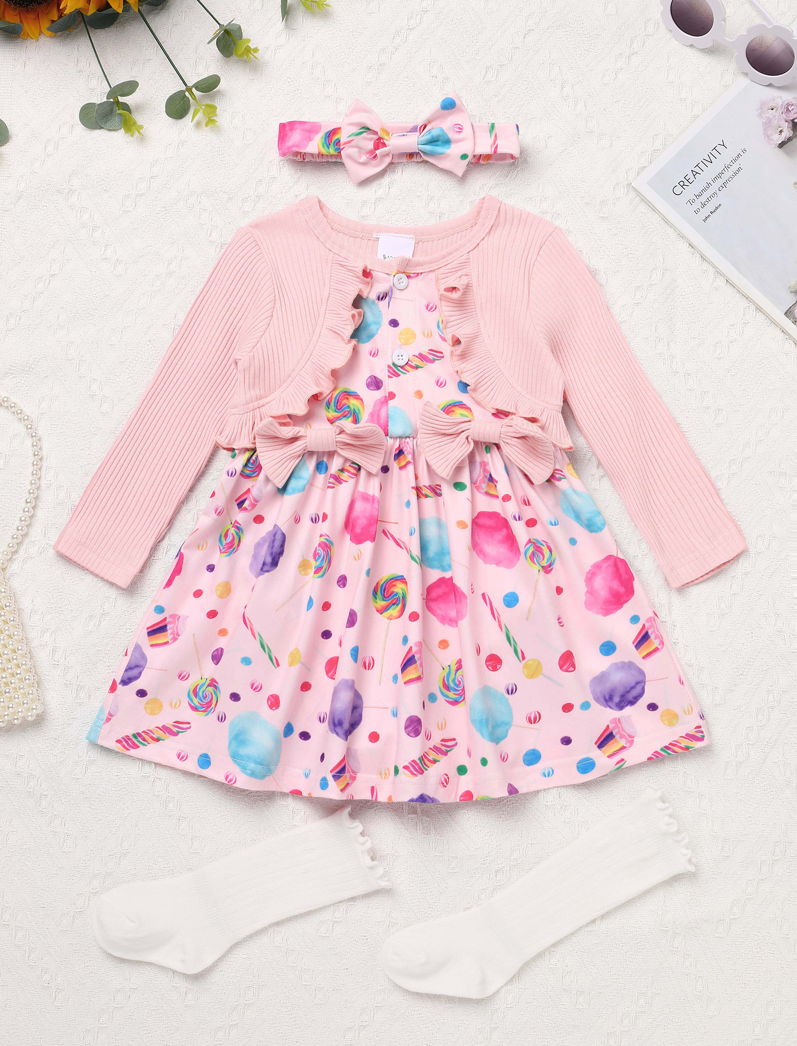 IWEMEK Infant Girl Dress Spring Casual Long Sleeve Outfits Crewneck Candy Bow Cute Romper Size 9M-12M