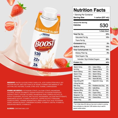 BOOST VERY HIGH CALORIE NUTRITIONAL DRINK – HELPS WEIGHT GAIN & MAINTENANCE – CREAMY STRAWBERRY – 8 FL OZ (1 CARTON)