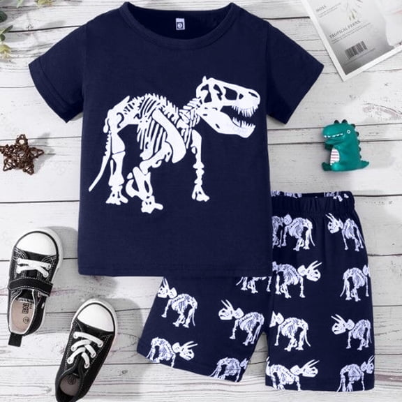 Angala 2 Piece Outfit For Toddler Boys Cartoon Dinosaur Print Long Sleeve Crew Neck T Shirt Shorts Set Boy Fall Casual Wear