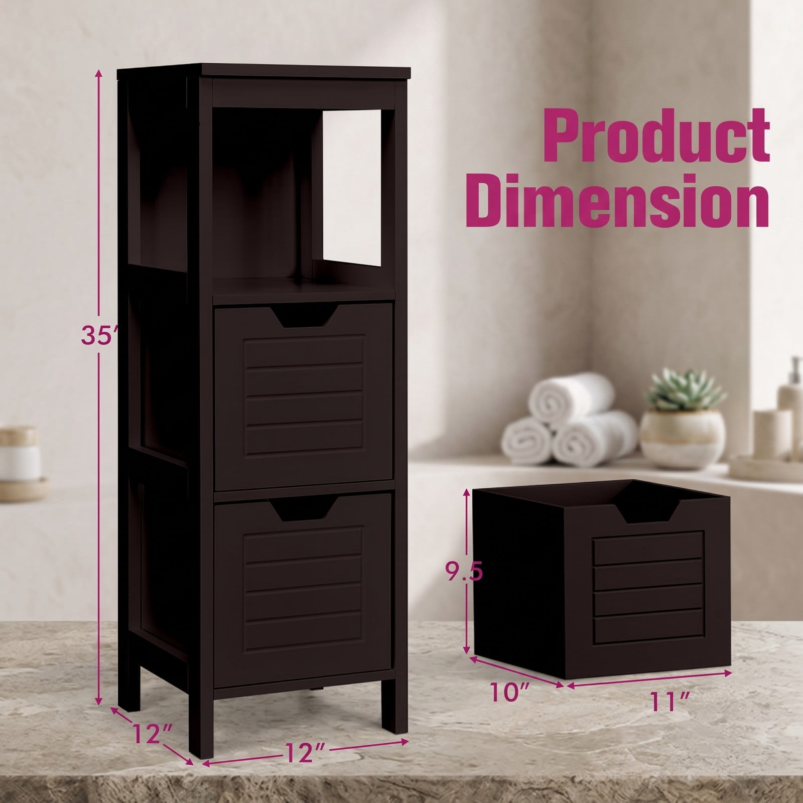 ALPULON Bathroom Wooden Floor Cabinet Multifunction Storage Rack Stand Organizer, Freestanding Storage Cabinet with 2 Drawers and 3 Open Shelves for Living Room, Brown
