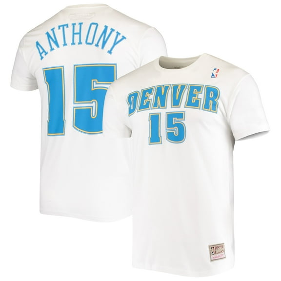Men's Mitchell & Ness Carmelo Anthony White Denver Nuggets Hardwood Classics Stitch Name & Number T-Shirt
