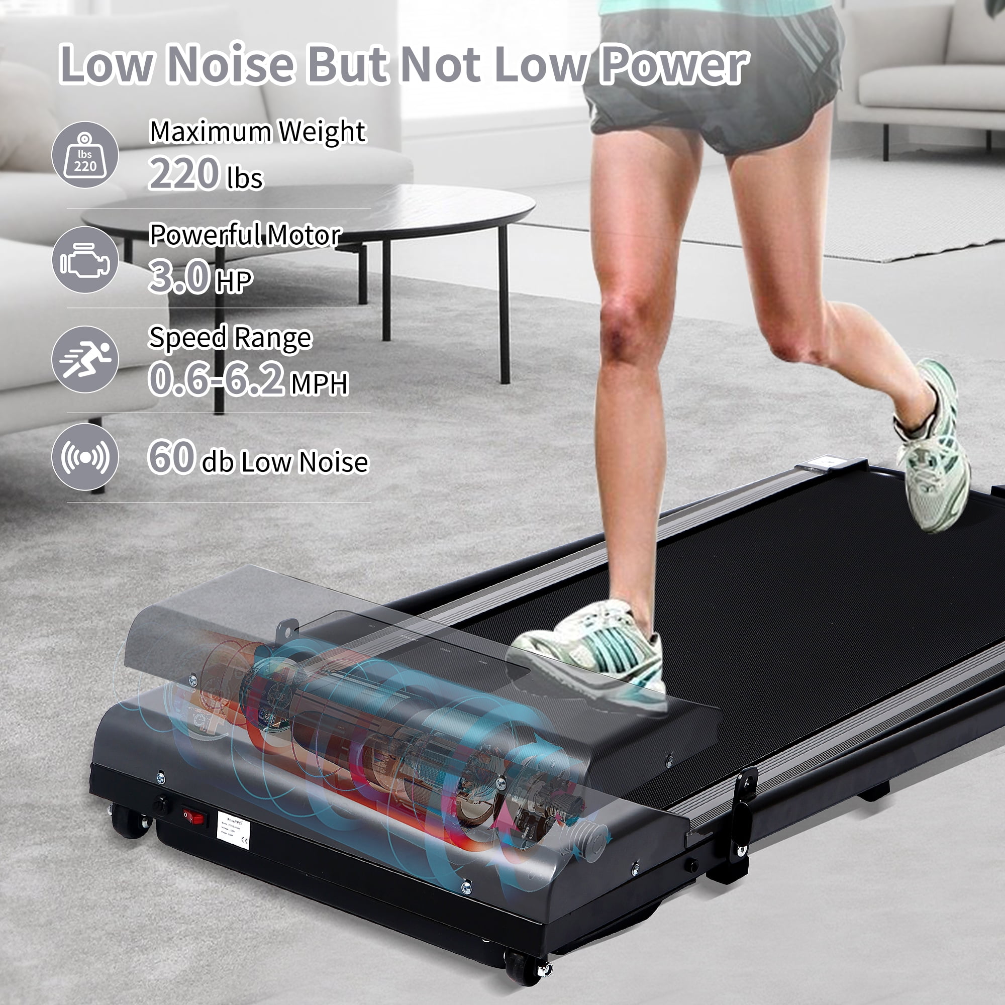 HYEASTR Quiet 2 in 1 Folding Treadmill 3.0HP Walking Pad 220lb Capacity with Remote & Phone Holder - Gray