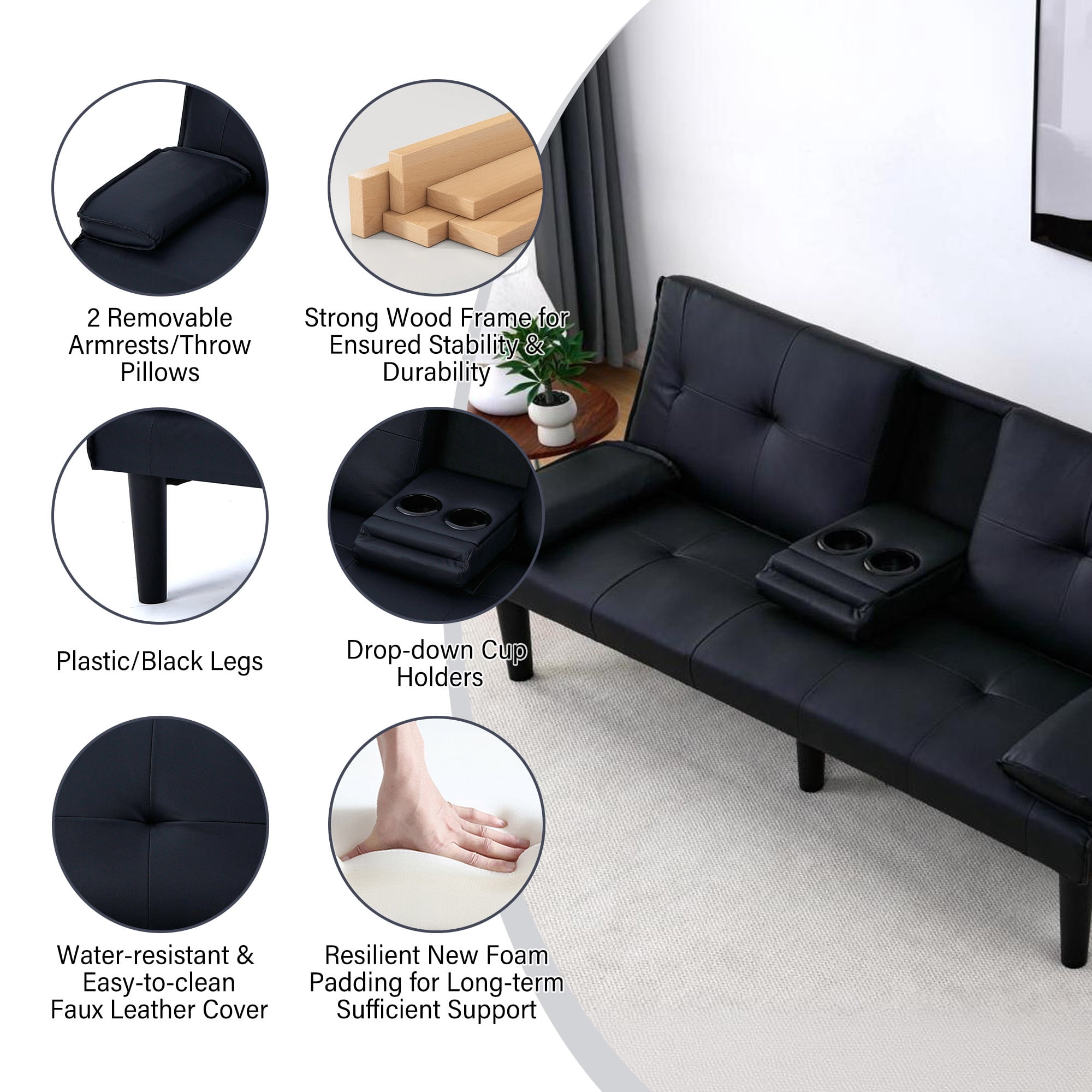 CARZZI LIFE Futon Sofa Bed PU Leather Modern Convertible Futon Couch with Removable Armrests, Cup Holders, Loveseat Sleeper Sofa Bed for Living Room, Apartment, Small Spaces (Black)