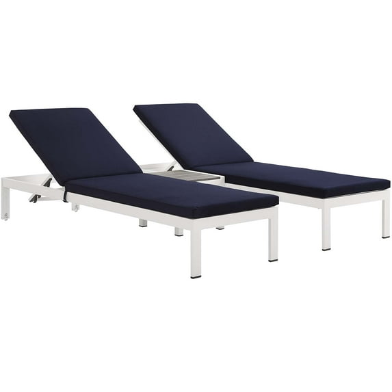 Modern Contemporary Urban Design Outdoor Patio Balcony Three PCS Chaise Lounge Chair, Navy Blue White, Aluminum