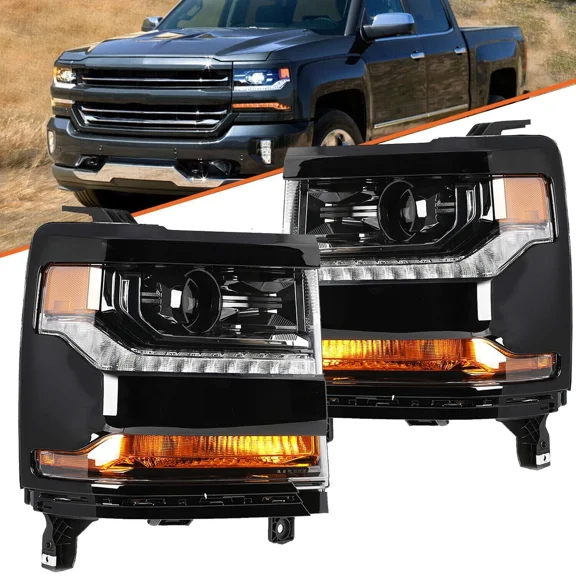【Gloss Black 】For 2016-2019 Chevy Silverado 1500 HID/Xenon Headlights w/ LED DRL