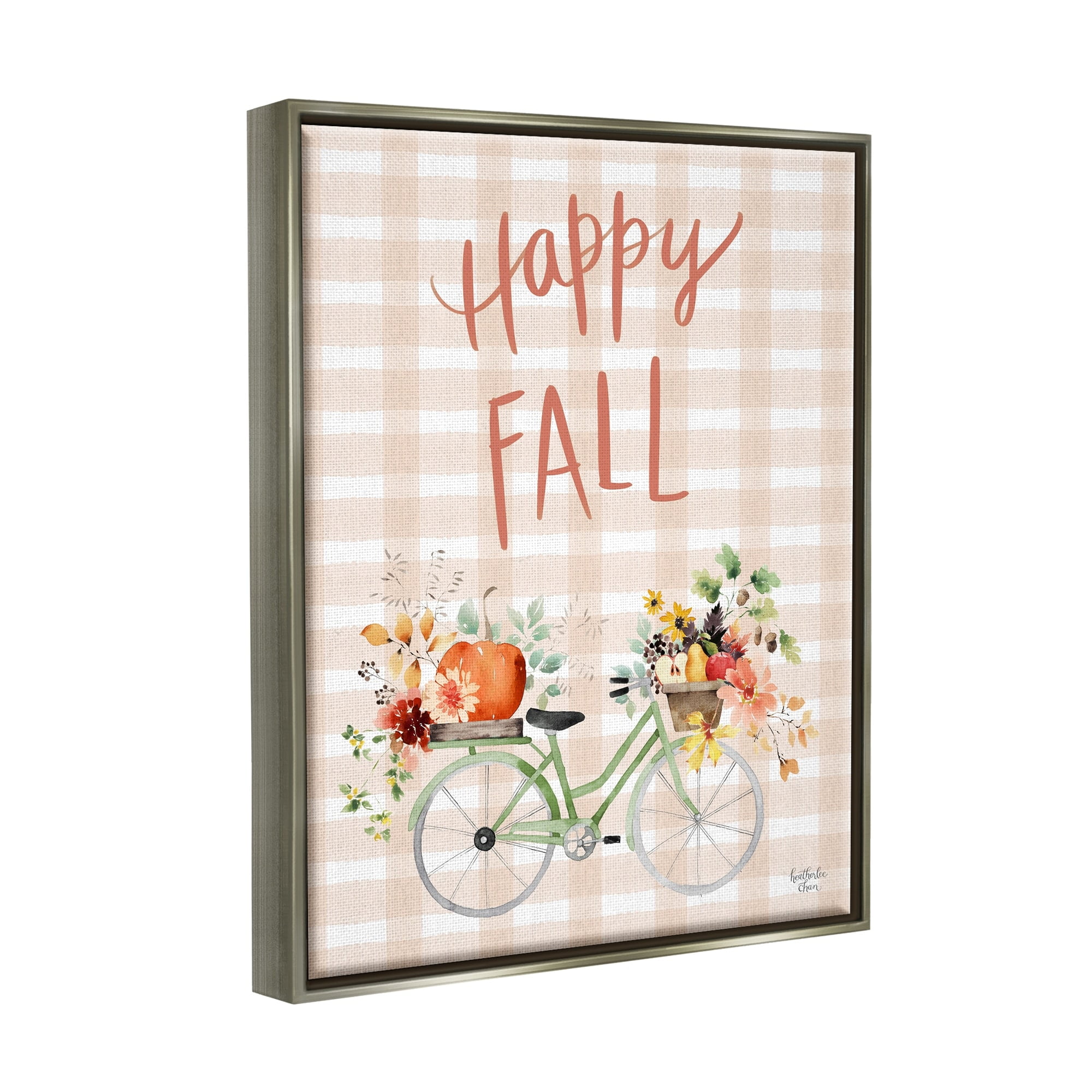 Stupell Industries Happy Fall Plaid Seasonal Flowers Blooming Bicycle Graphic Art Luster Gray Floating Framed Canvas Print Wall Art, Design by Heatherlee Chan