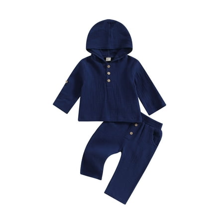 

Qtinghua Infant Toddler Baby Boys Fall Clothes Long Sleeve Button Hooded Tops and Elastic Band Pants Set Blue 6-12 Months