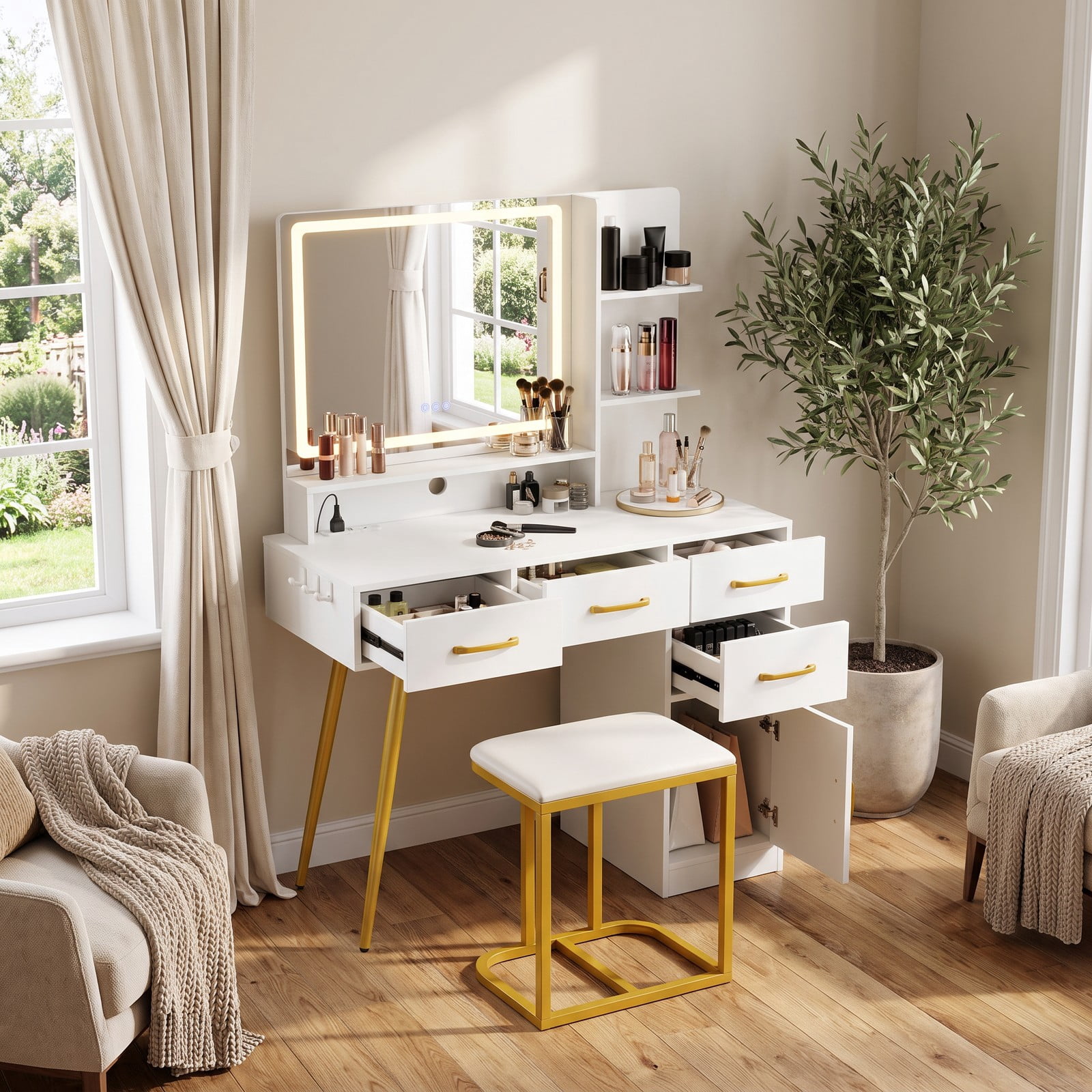 Furnibear Vanity Desk with Mirror and Lights, Makeup Vanity Table and Stool Set with Adjustable Brightness and Charging Ports for Bedroom, White
