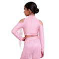 thumbnail image 2 of Runhomal Latin Dance Shirts for Girls Long Sleeve Cold Shoulder Tassels Dance Performance Crop Top Pink 16, 2 of 5