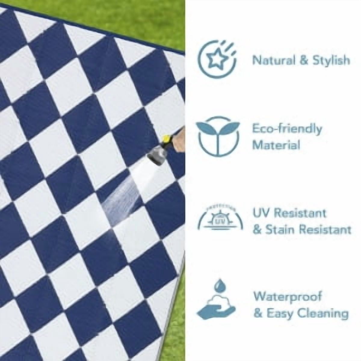 Danolapsi 8x10 Outdoor Rug Waterproof Reversible Outdoor Plastic Straw Rug with 4 Stakes & Portable Bag Boho Patio Rugs Carpet RV Mat Easy to Clean Checkered Floor Carpet for Patio Camp Balcony Deck