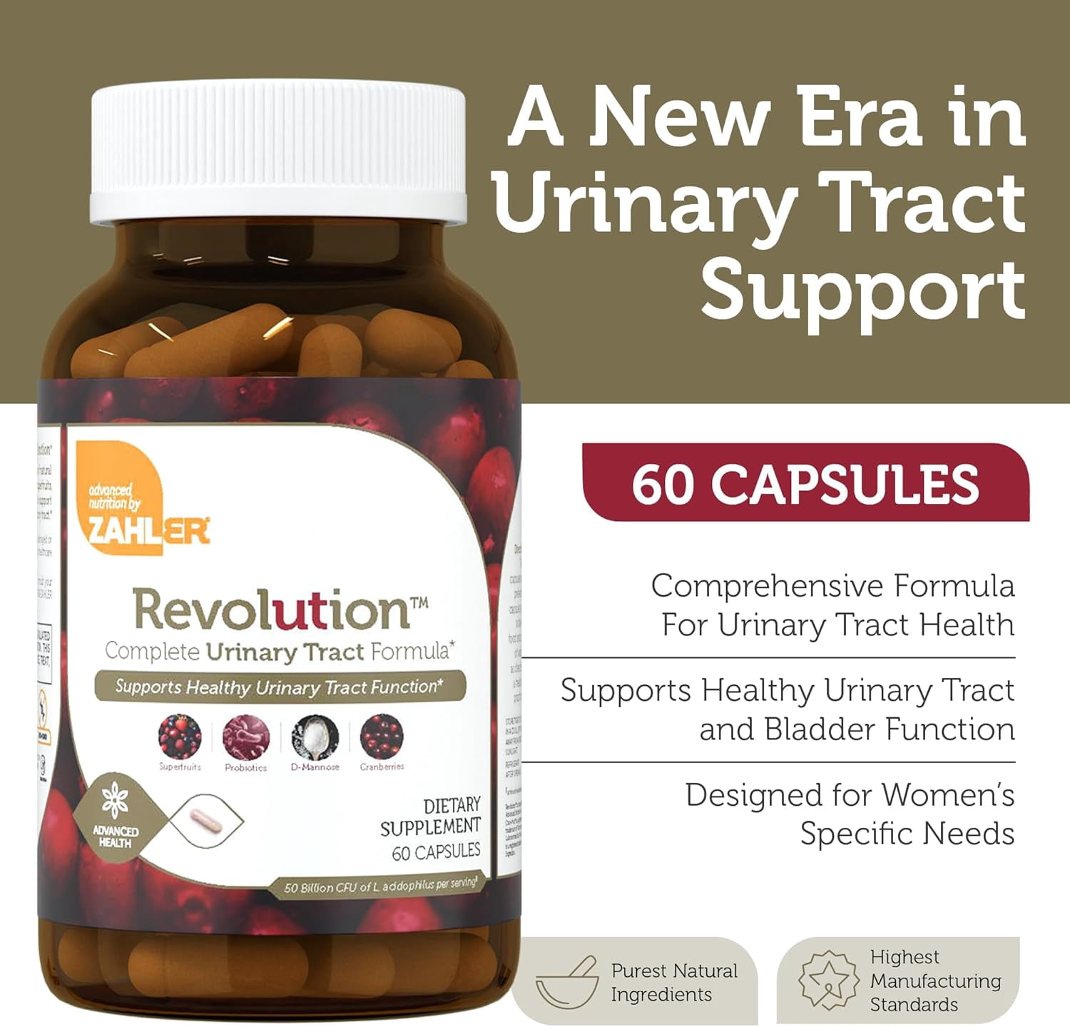 Zahlers UTI Revolution, Urinary Tract and Bladder Health, All Natural Cranberry Concentrate Pills Fortified with D-Mannose and Probiotics, Certified Kosher, 60 Caps