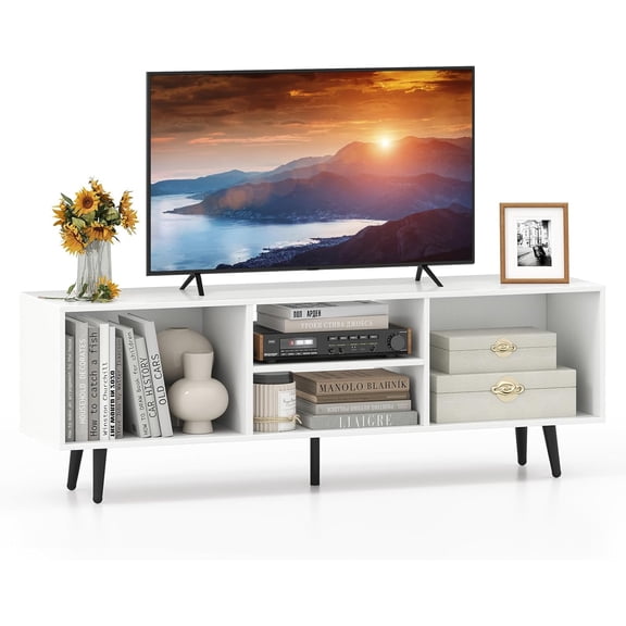 BarefHaven White TV Stand for 55-Inch TV, 47.5” TV Console Cabinet with Compartments, Shelves & Metal Legs, Entertainment Center, Media Console Table for Living Room & Entryway (White)