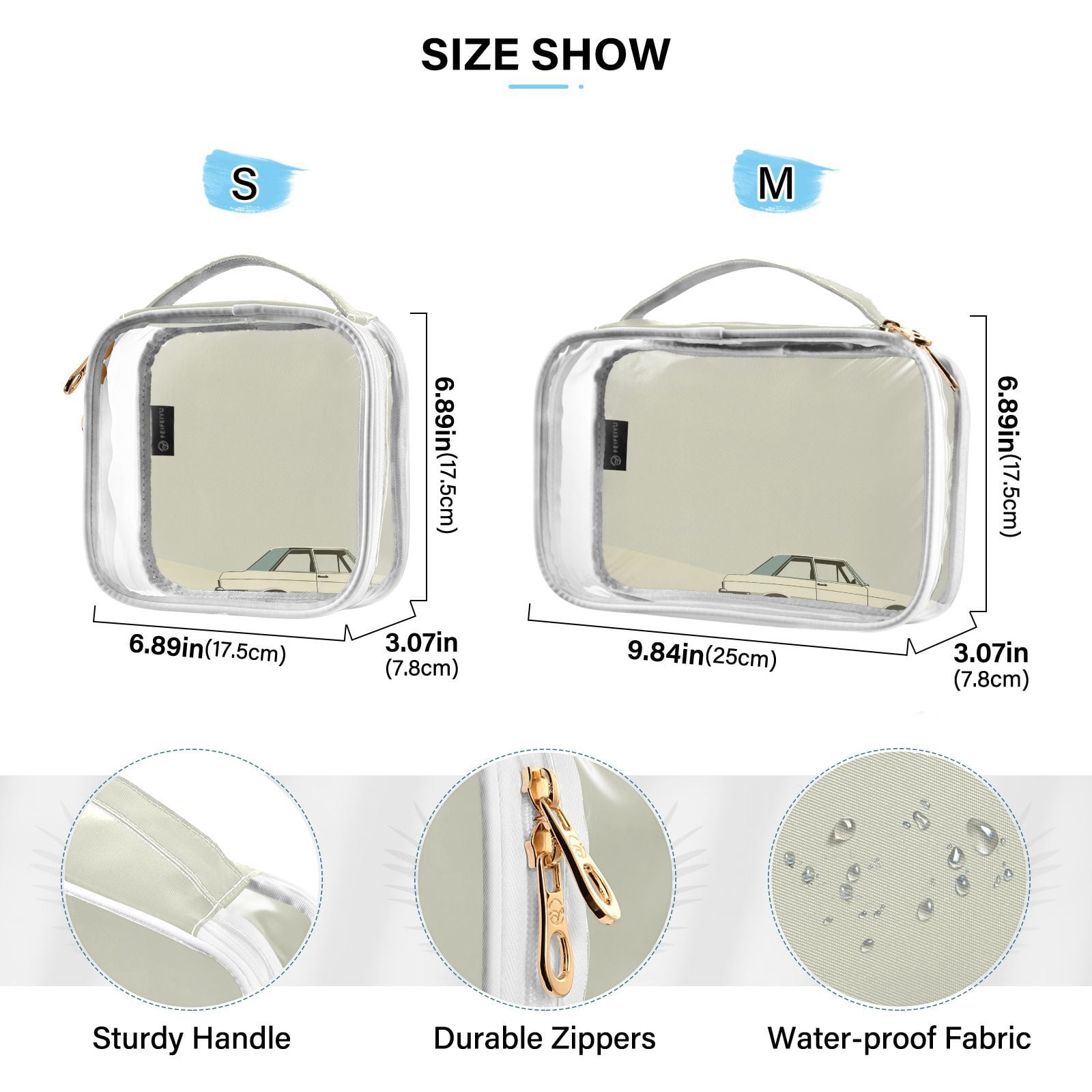 Clear Makeup Bags with Handle Large Opening 2 Pack Set Toiletry Bag Quart Size Bag, for Women Man Traveling Travel Essentials, Toiletries and Other. Hand Drawing Car Spring Grass