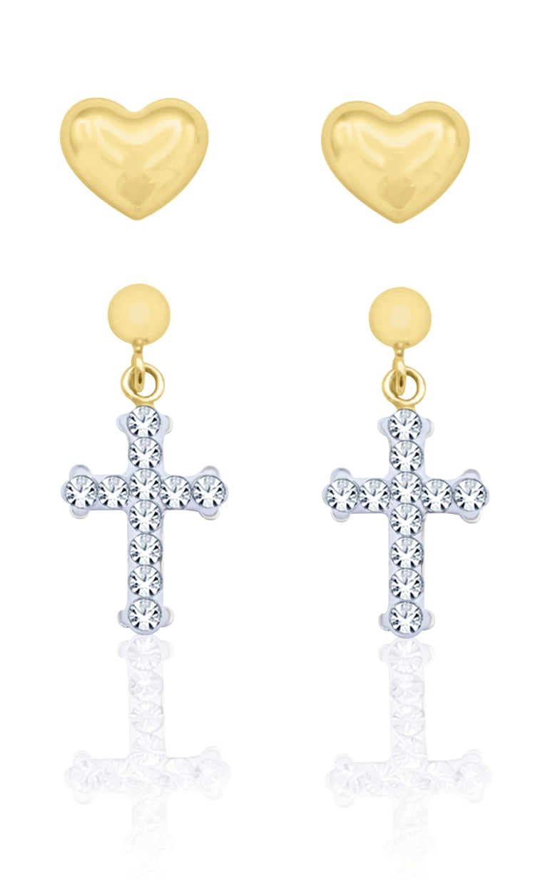 Brilliance Fine Jewelry 14K Gold Plated Sterling Silver Crystal Cross and Heart Studs Children’s Earrings Set