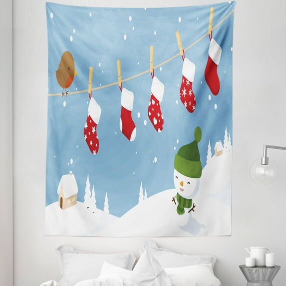 Christmas Tapestry, Little Bird and Socks Hanging on Clothesline Snowy Cartoon Print, Fabric Wall Hanging Decor for Bedroom Living Room Dorm, 5 Sizes, White Blue, by Ambesonne