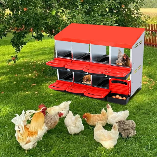 Twister.CK Chickens Nesting Boxes, 8 Compartment Roll Away Hens Nesting Box with Egg Collection, Perch, Lid Cover for Egg Protection, Red