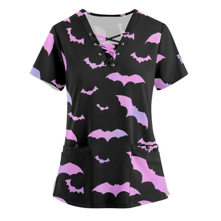 

PURJKPU Halloween Women Scrub Top Bat Printed Nurse Uniforms Short Sleeve Tee Tops Criss Cross V-Neck Shirts Cute Scrubs with Pockets Purple S
